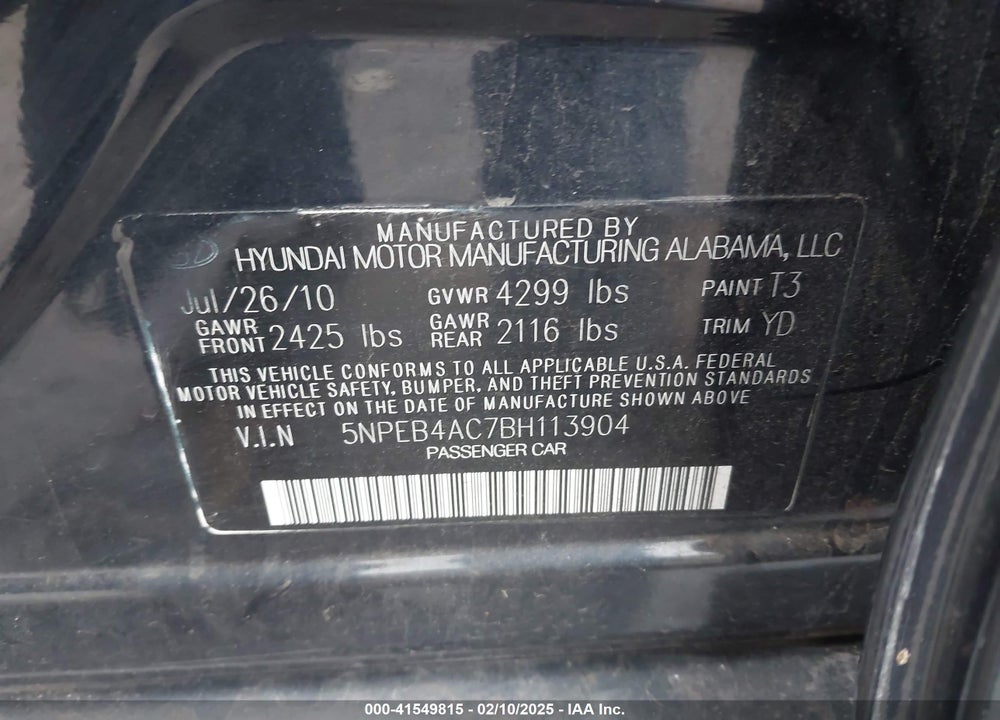 2011 HYUNDAI SONATA VIN: 5NPEB4AC7BH113904