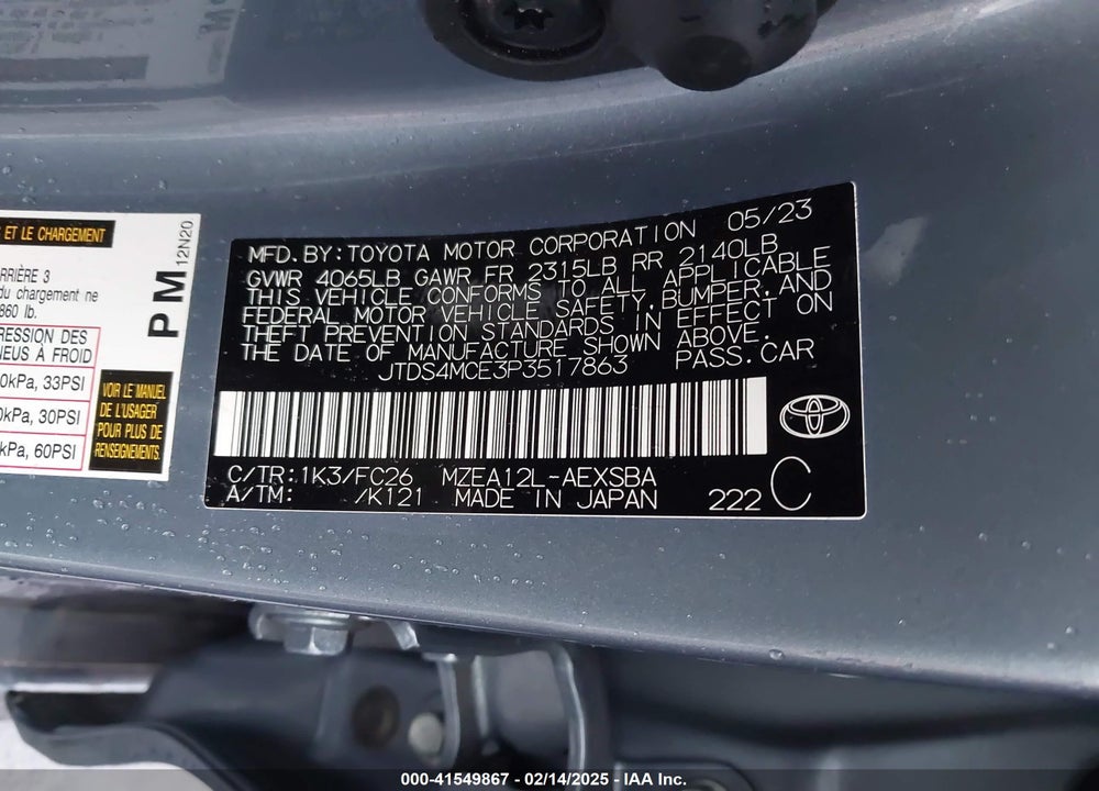 2023 TOYOTA COROLLA VIN: JTDS4MCE3P3517863