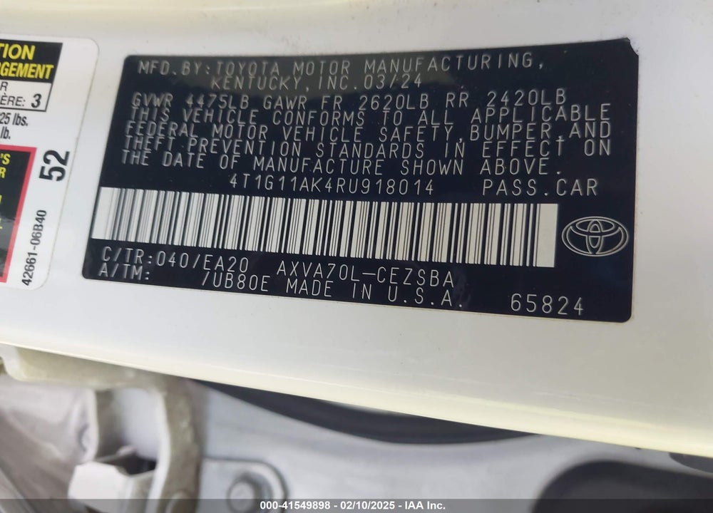 2024 TOYOTA CAMRY VIN: 4T1G11AK4RU918014