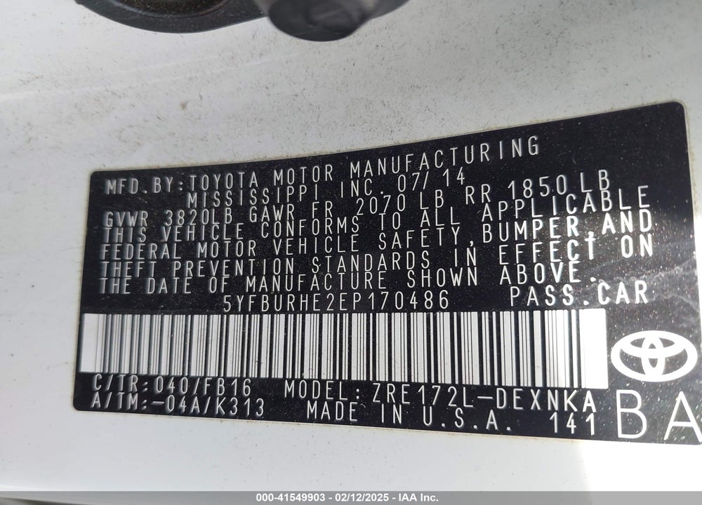 2014 TOYOTA COROLLA VIN: 5YFBURHE2EP170486