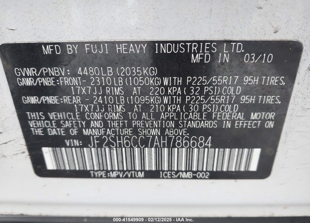 2010 SUBARU FORESTER 2.5X PREMIUM VIN: JF2SH6CC7AH786684