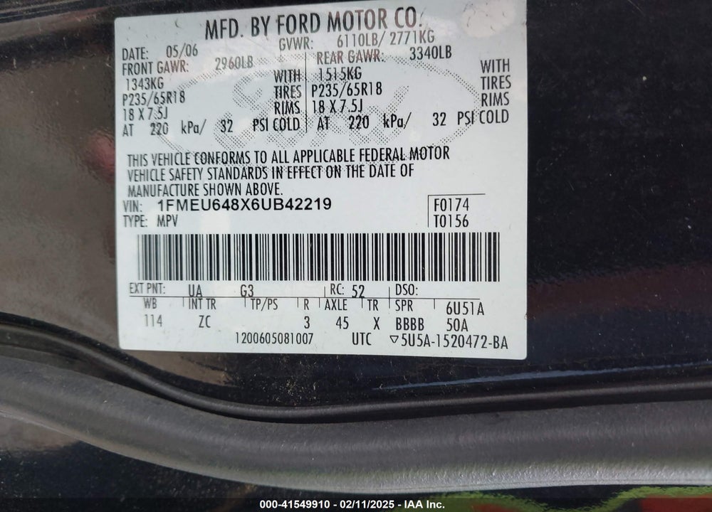 2006 FORD EXPLORER EDDIE BAUER VIN: 1FMEU648X6UB42219
