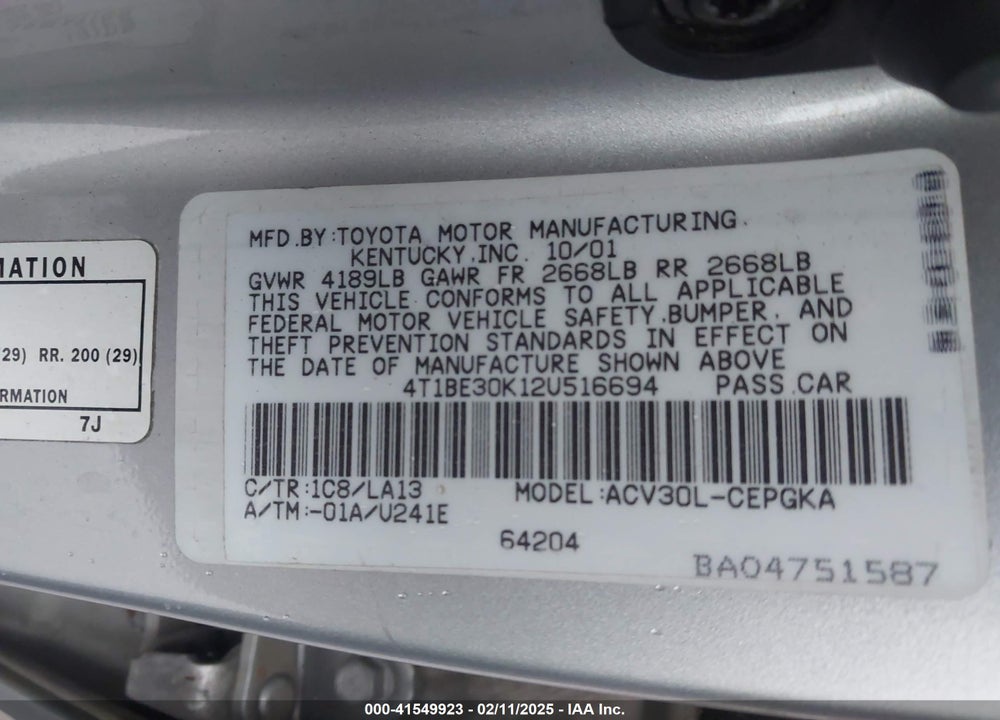 2002 TOYOTA CAMRY XLE VIN: 4T1BE30K12U516694