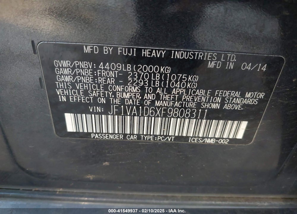 2015 SUBARU WRX PREMIUM VIN: JF1VA1D6XF9808311