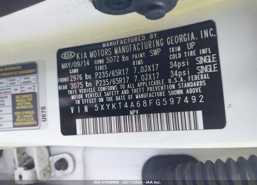 2015 KIA SORENTO VIN: 5XYKT4A68FG597492