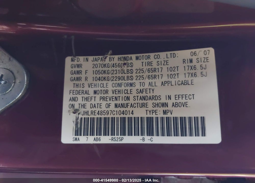 2007 HONDA CR-V EX VIN: JHLRE48597C104014