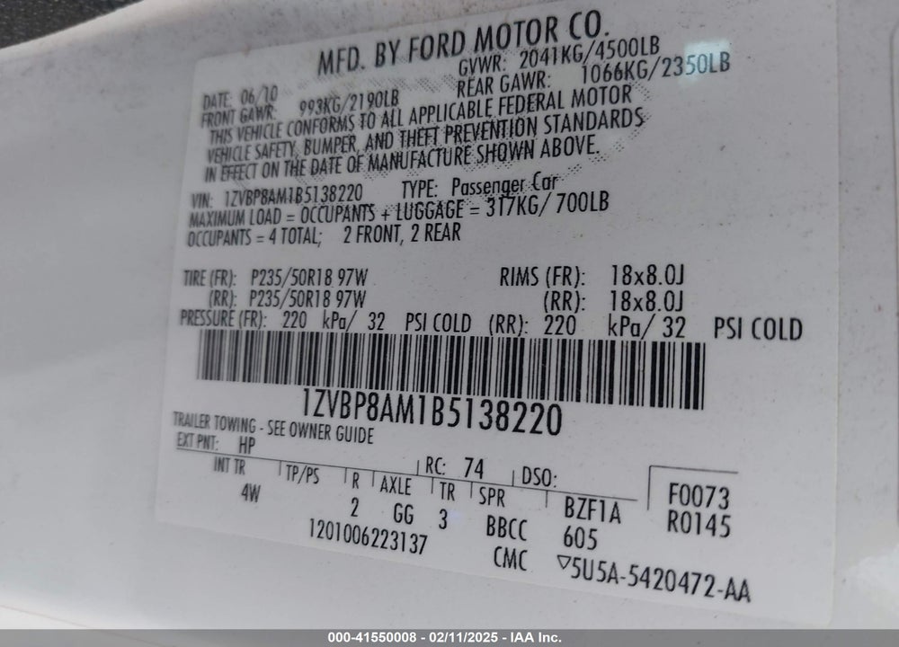 2011 FORD MUSTANG VIN: 1ZVBP8AM1B5138220