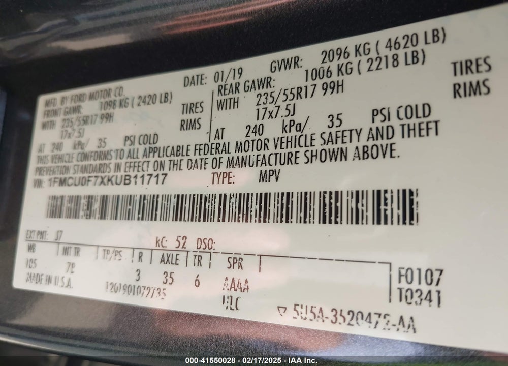 2019 FORD ESCAPE S VIN: 1FMCU0F7XKUB11717