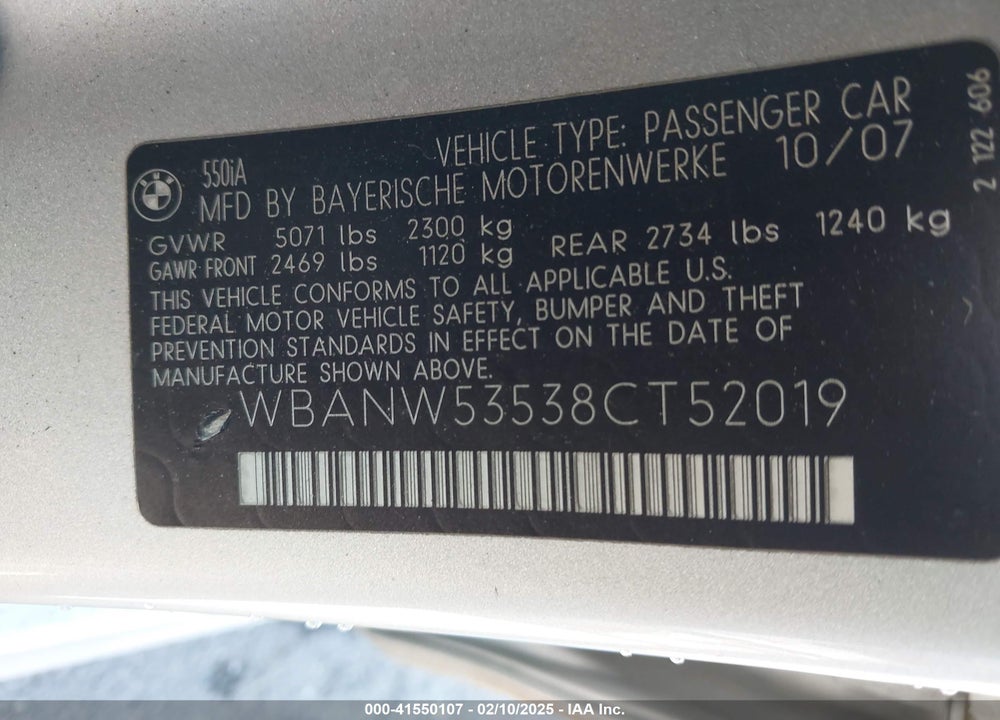 2008 BMW 550I VIN: WBANW53538CT52019