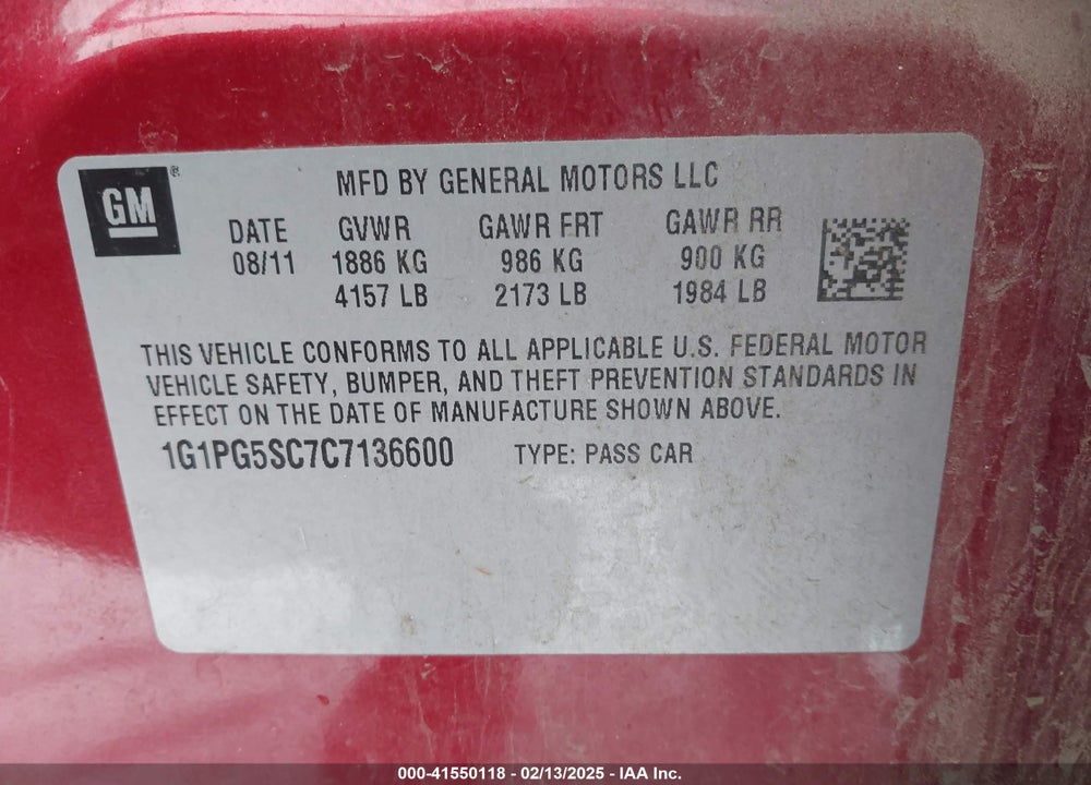2012 CHEVROLET CRUZE 2LT VIN: 1G1PG5SC7C7136600