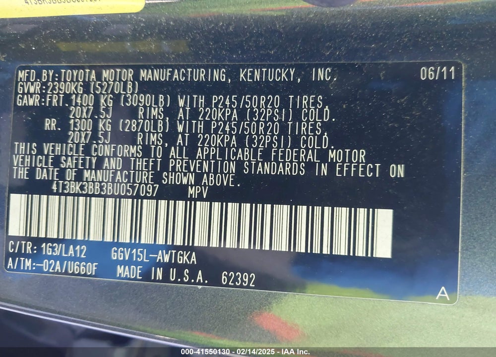 2011 TOYOTA VENZA VIN: 4T3BK3BB3BU057097