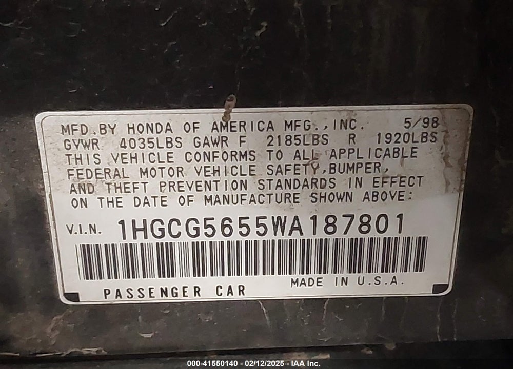 1998 HONDA ACCORD VIN: 1HGCG5655WA187801