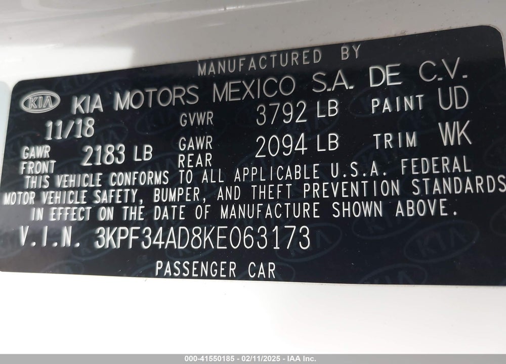 2019 KIA FORTE VIN: 3KPF34AD8KE063173