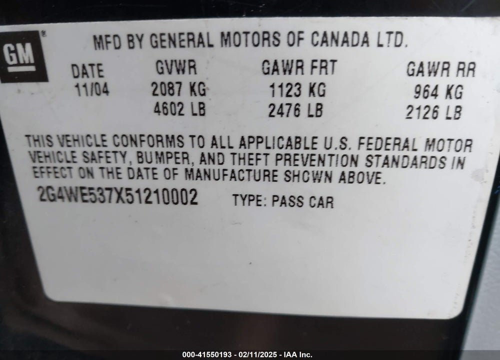 2005 BUICK LACROSSE CXS VIN: 2G4WE537X51210002