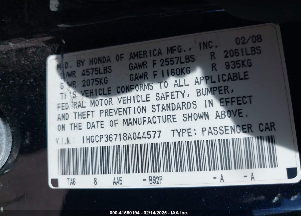 2008 HONDA ACCORD VIN: 1HGCP36718A044577