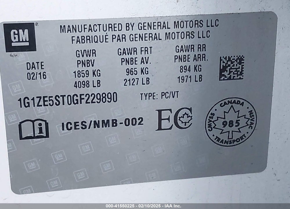 2016 CHEVROLET MALIBU VIN: 1G1ZE5ST0GF229890