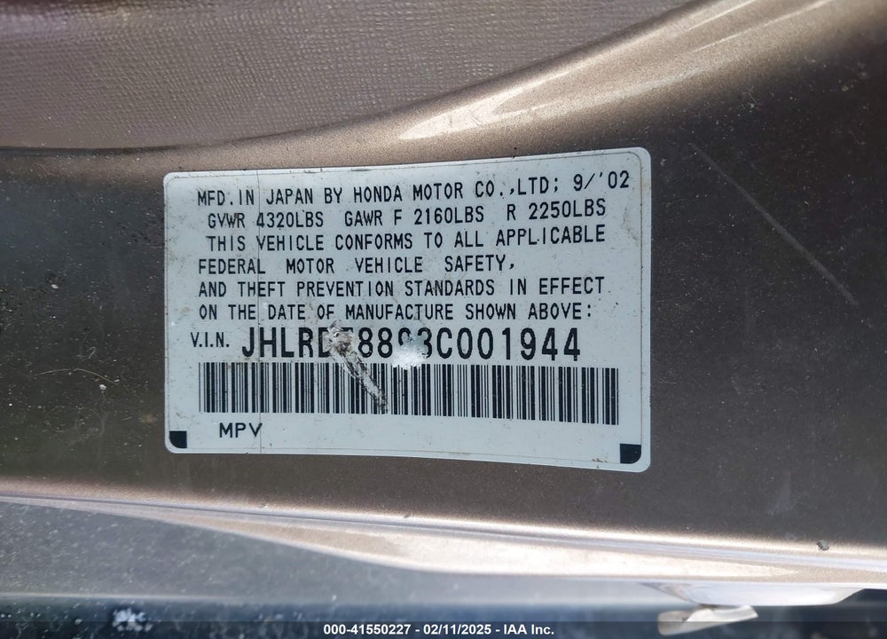 2003 HONDA CR-V EX VIN: JHLRD78893C001944