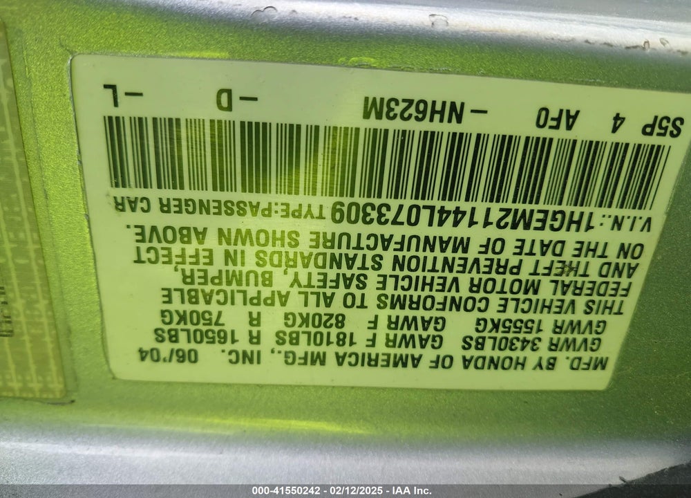 2004 HONDA CIVIC VP VIN: 1HGEM21144L073309