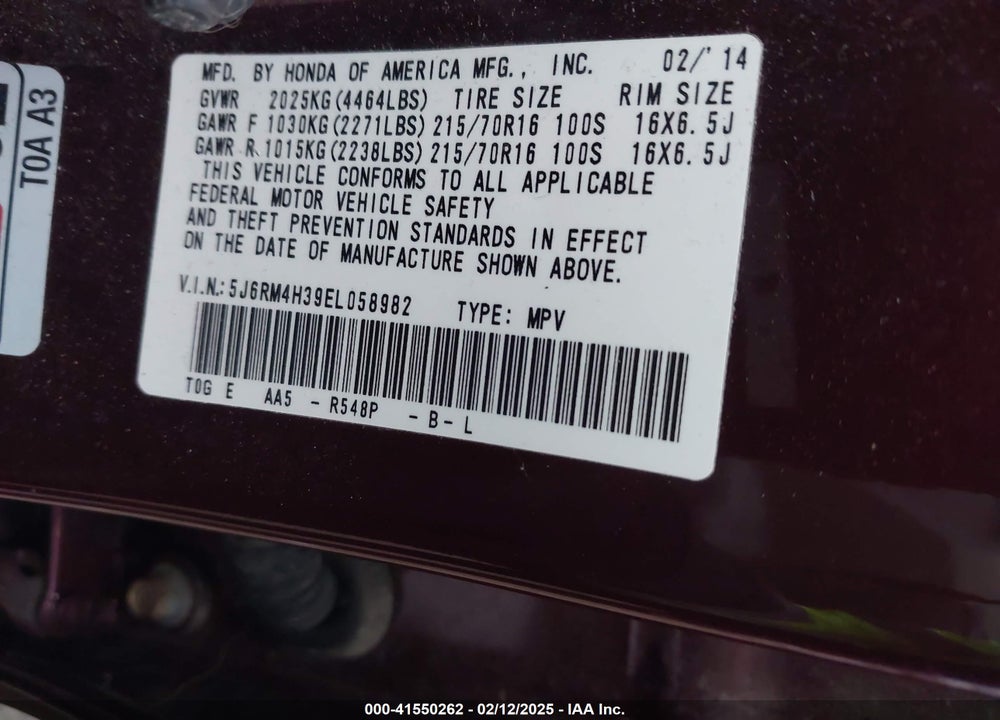 2014 HONDA CR-V VIN: 5J6RM4H39EL058982