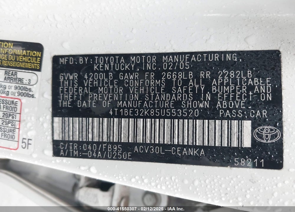 2005 TOYOTA CAMRY LE VIN: 4T1BE32K85U553520