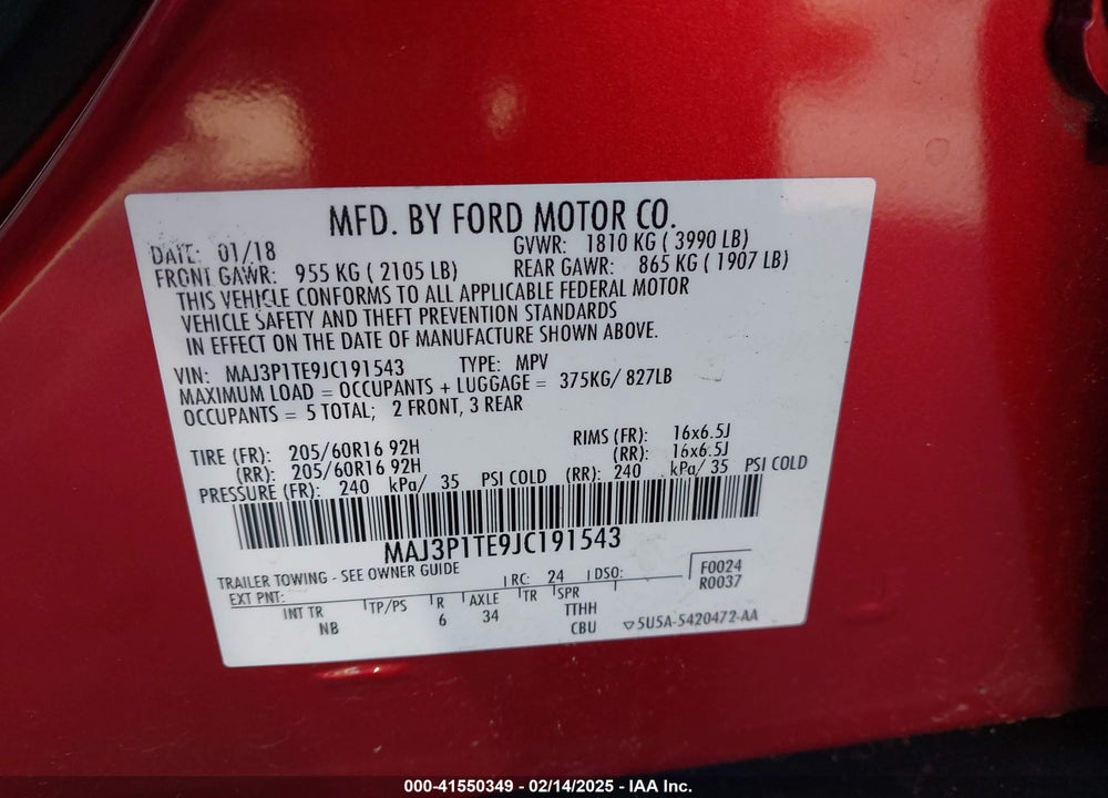 2018 FORD ECOSPORT VIN: MAJ3P1TE9JC191543