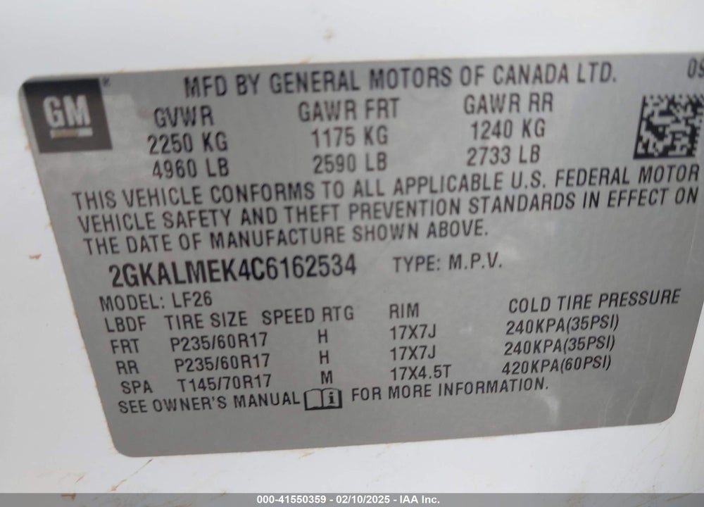 2012 GMC TERRAIN VIN: 2GKALMEK4C6162534