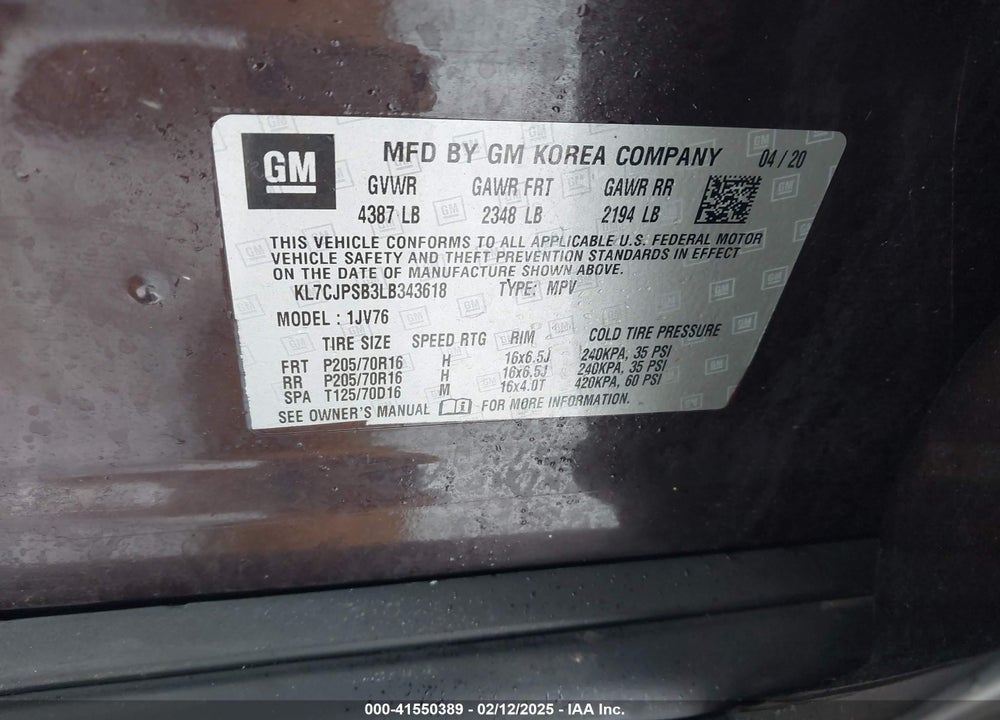 2020 CHEVROLET TRAX VIN: KL7CJPSB3LB343618