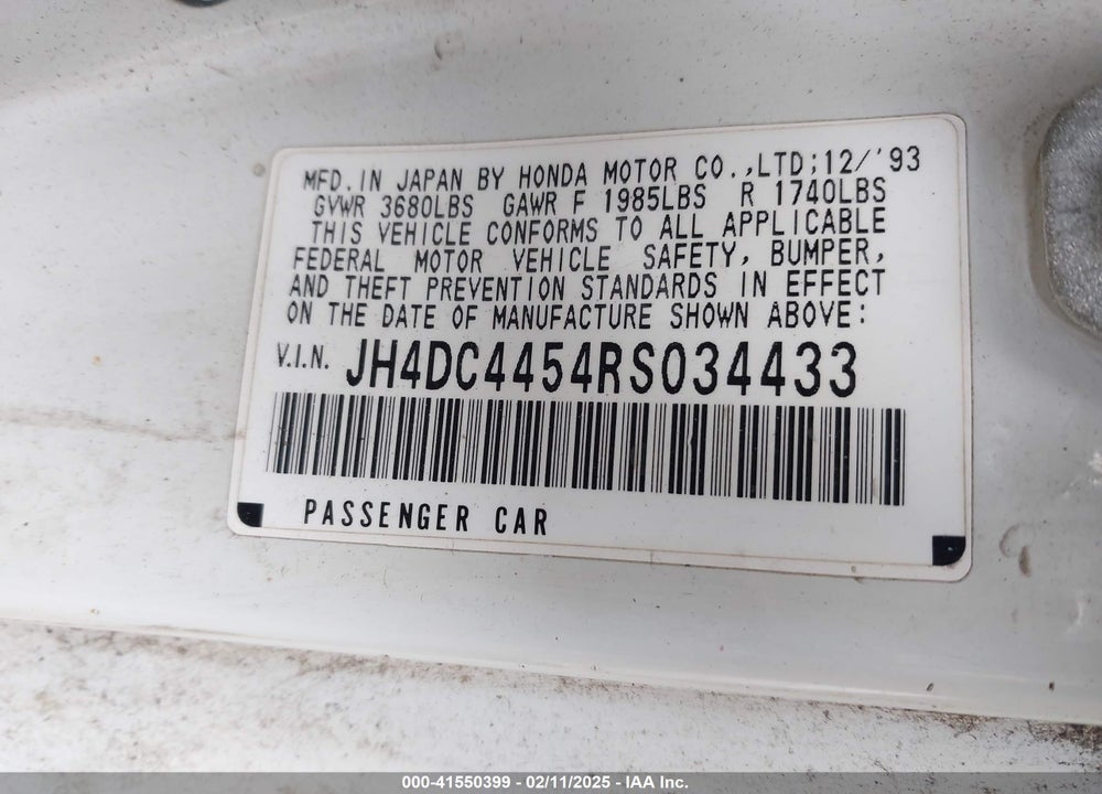1994 ACURA INTEGRA LS VIN: JH4DC4454RS034433