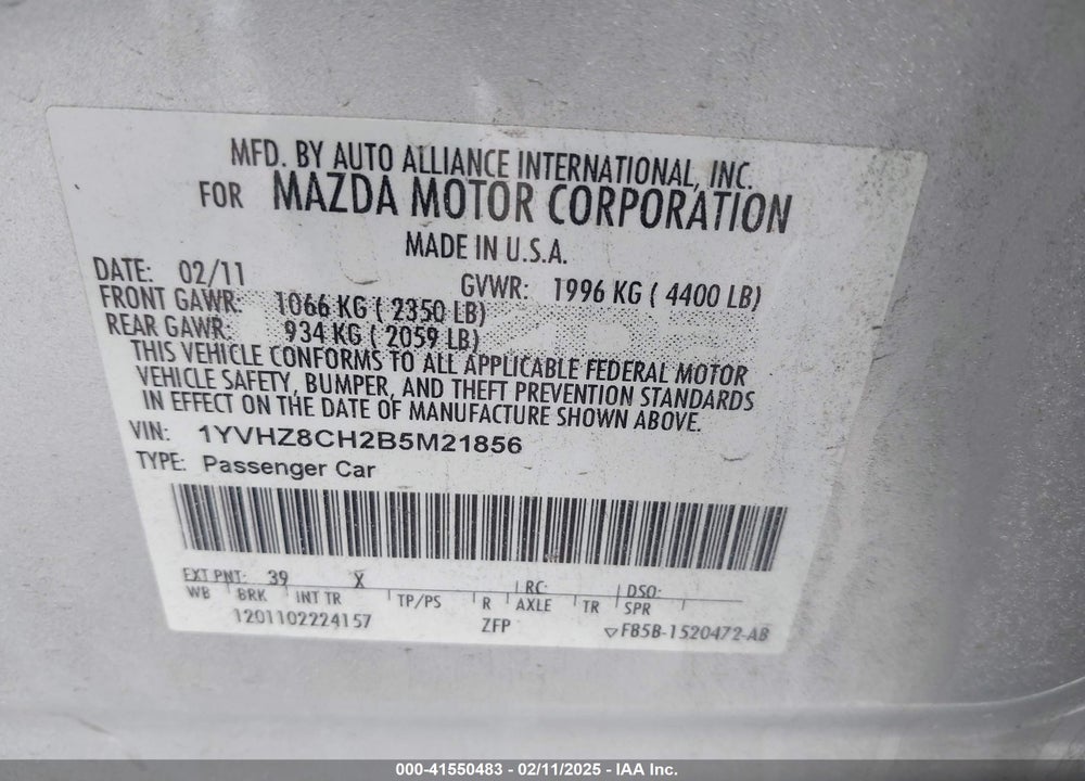 2011 MAZDA MAZDA6 VIN: 1YVHZ8CH2B5M21856