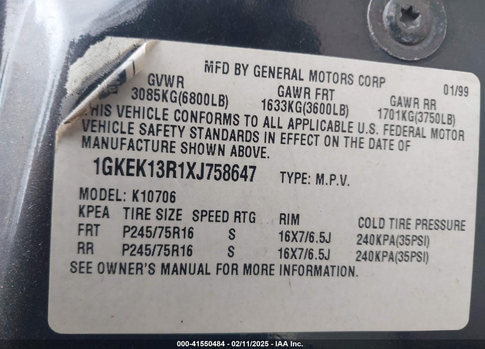 1999 GMC YUKON VIN: 1GKEK13R1XJ758647