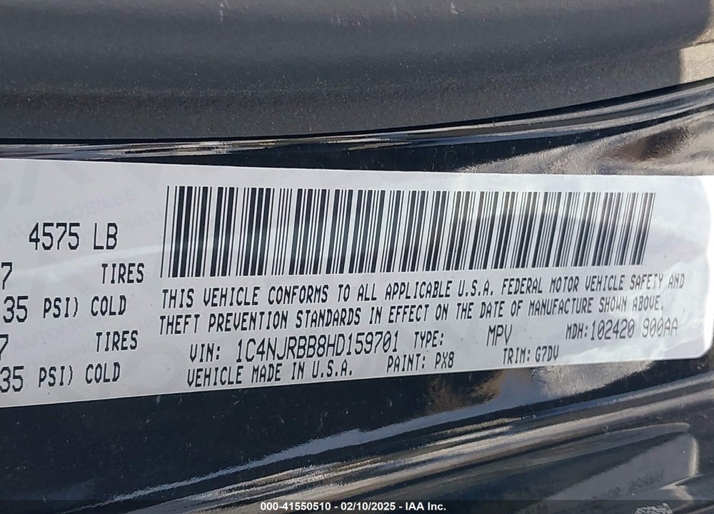 2017 JEEP PATRIOT VIN: 1C4NJRBB8HD159701