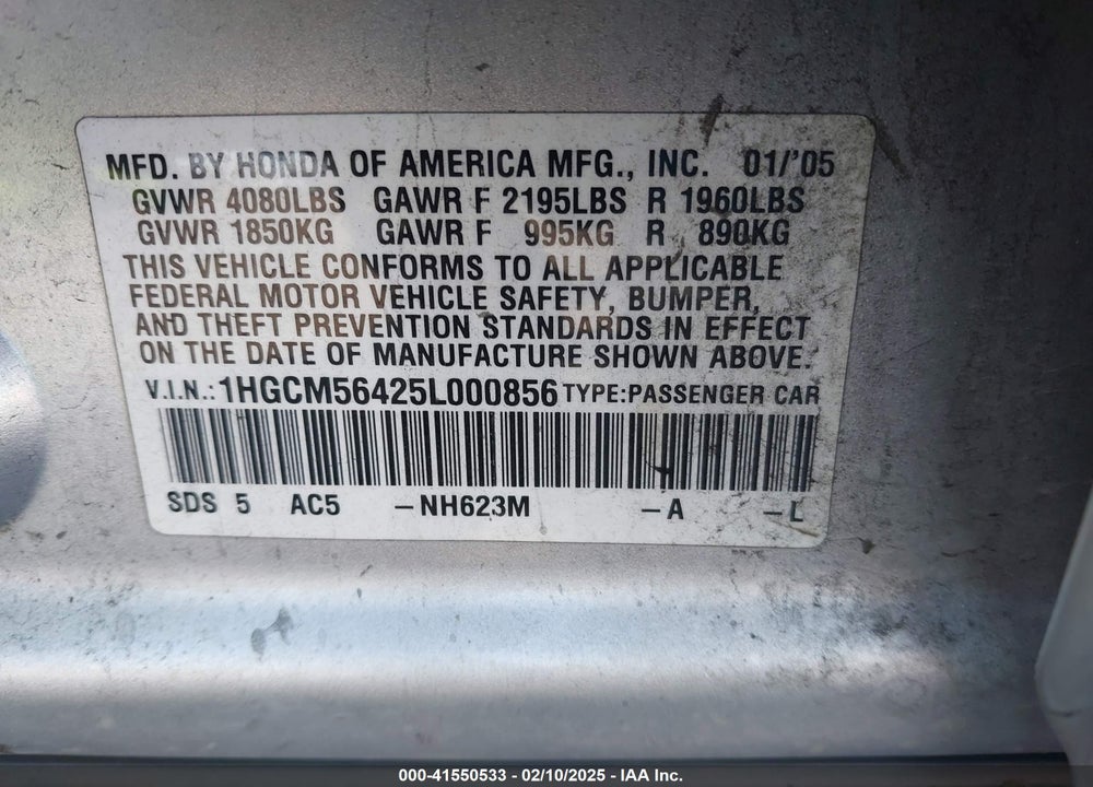 2005 HONDA ACCORD 2.4 LX VIN: 1HGCM56425L000856