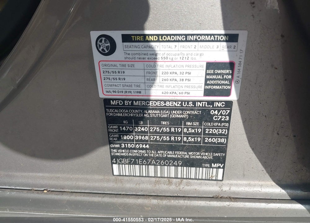 2007 MERCEDES-BENZ GL 450 VIN: 4JGBF71E67A260249