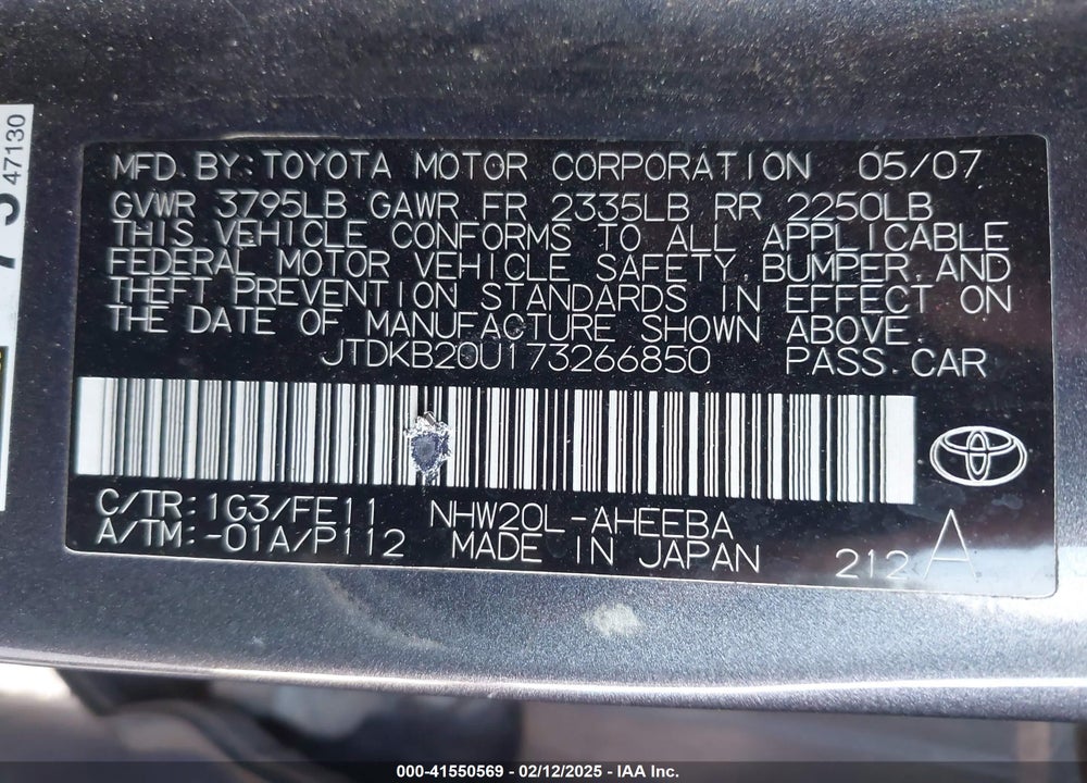 2007 TOYOTA PRIUS VIN: JTDKB20U173266850