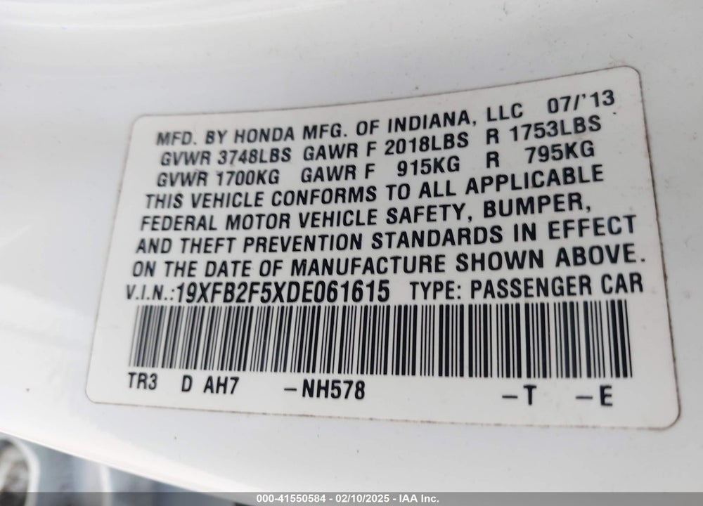 2013 HONDA CIVIC LX VIN: 19XFB2F5XDE061615