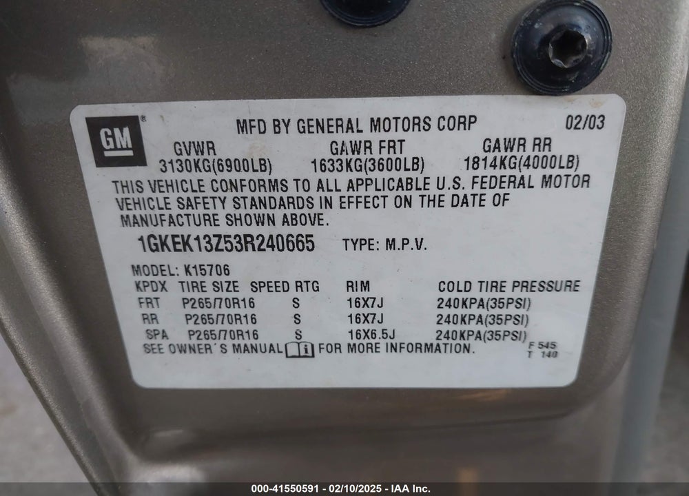 2003 GMC YUKON SLE VIN: 1GKEK13Z53R240665
