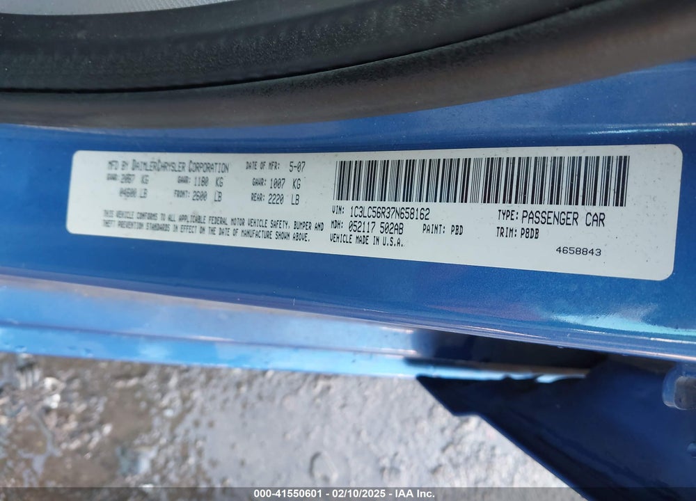 2007 CHRYSLER SEBRING VIN: 1C3LC56R37N658162