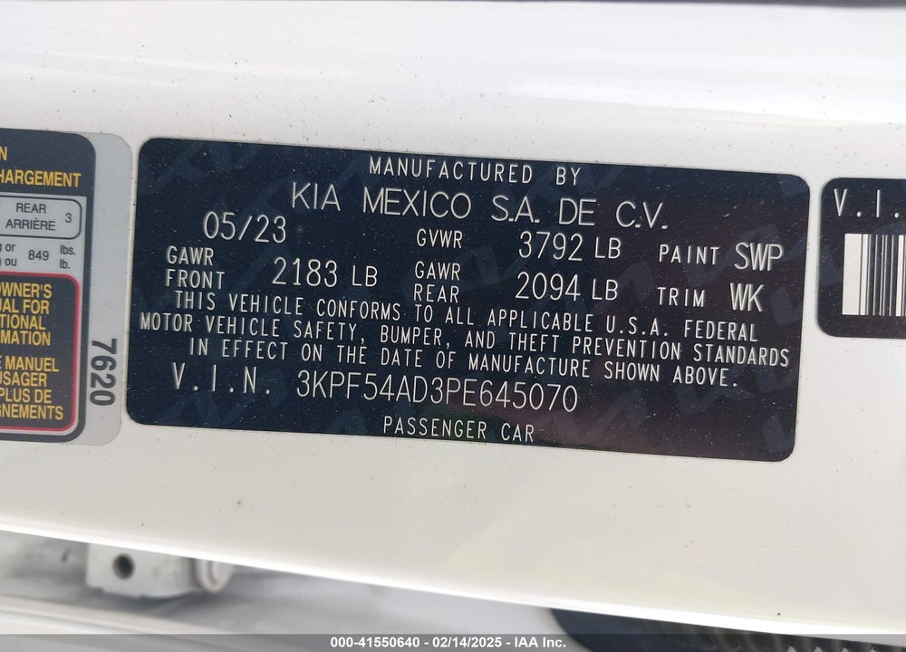 2023 KIA FORTE GT-LINE VIN: 3KPF54AD3PE645070
