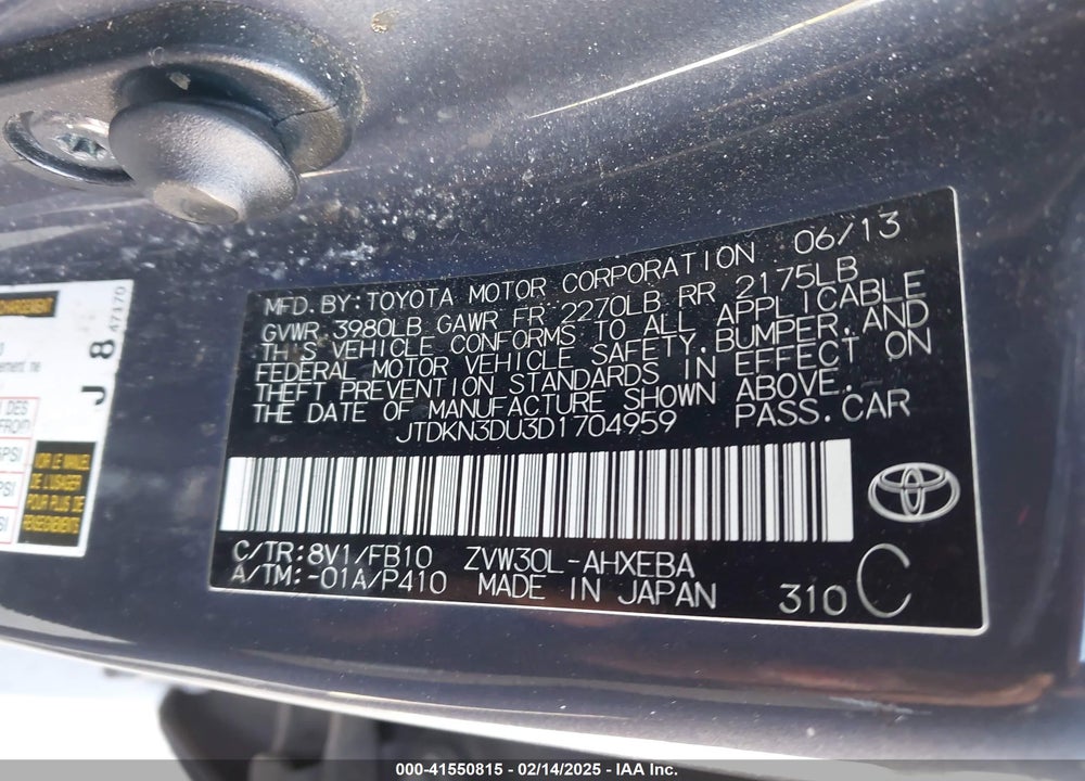 2013 TOYOTA PRIUS VIN: JTDKN3DU3D1704959