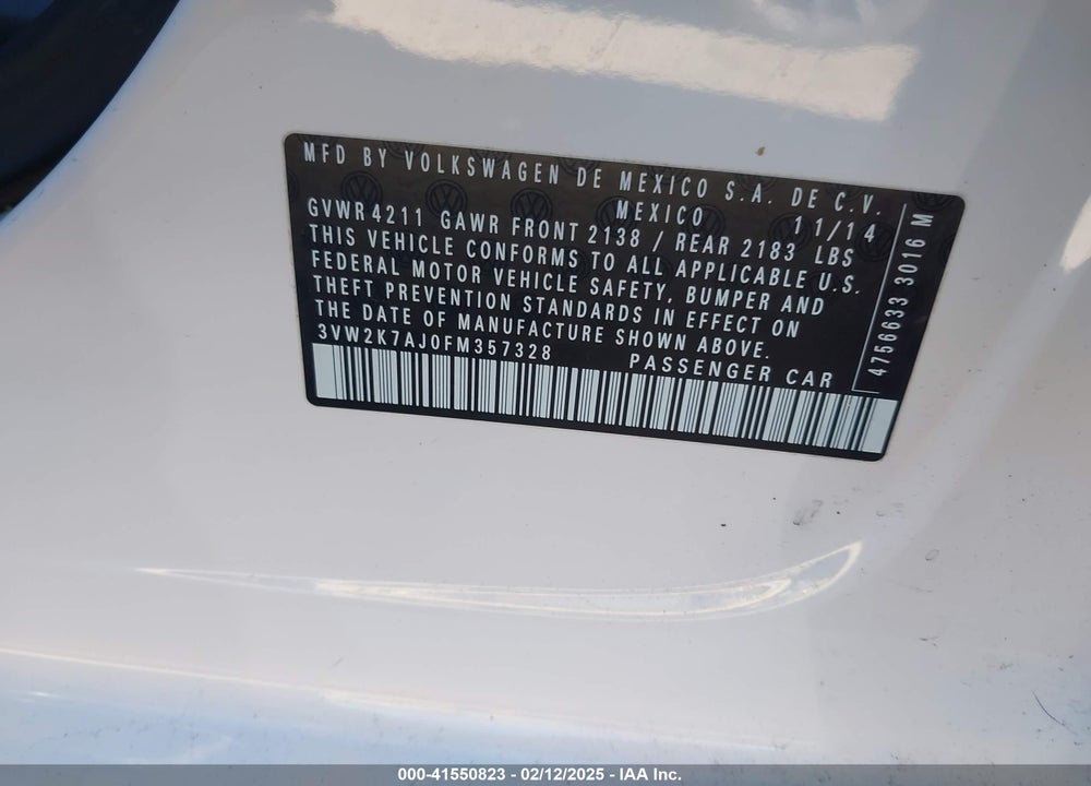 2015 VOLKSWAGEN JETTA VIN: 3VW2K7AJ0FM357328