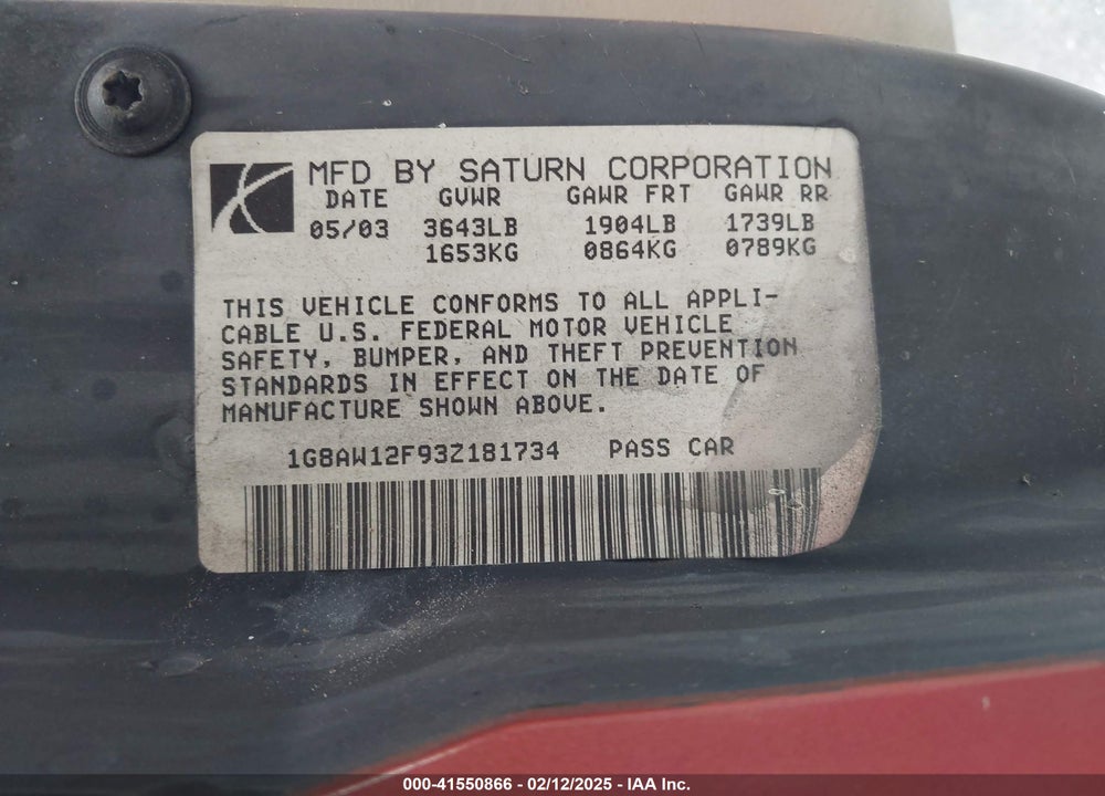 2003 SATURN ION 3 VIN: 1G8AW12F93Z181734