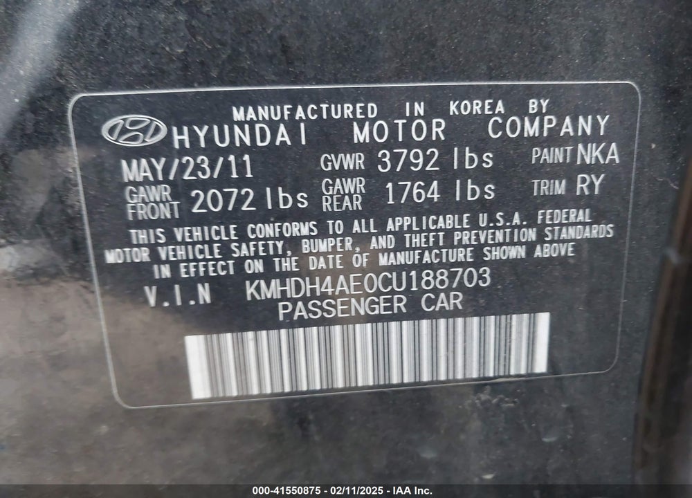 2012 HYUNDAI ELANTRA LIMITED (ULSAN PLANT) VIN: KMHDH4AE0CU188703