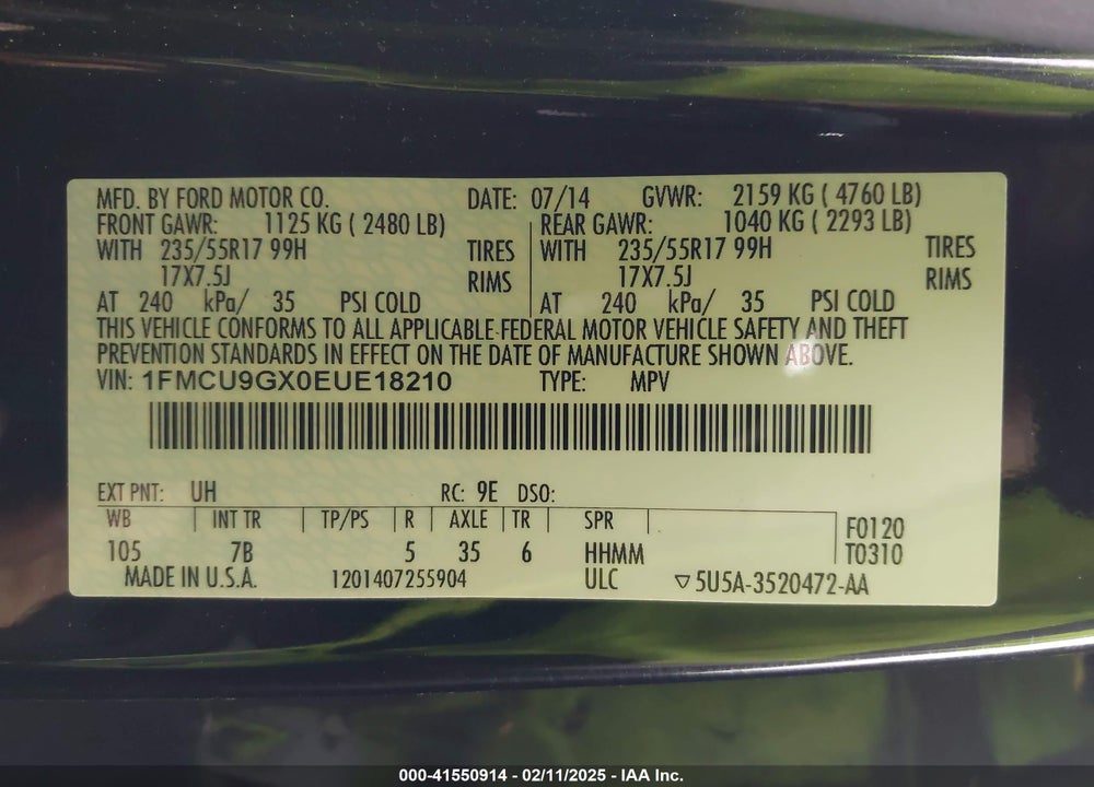 2014 FORD ESCAPE SE VIN: 1FMCU9GX0EUE18210