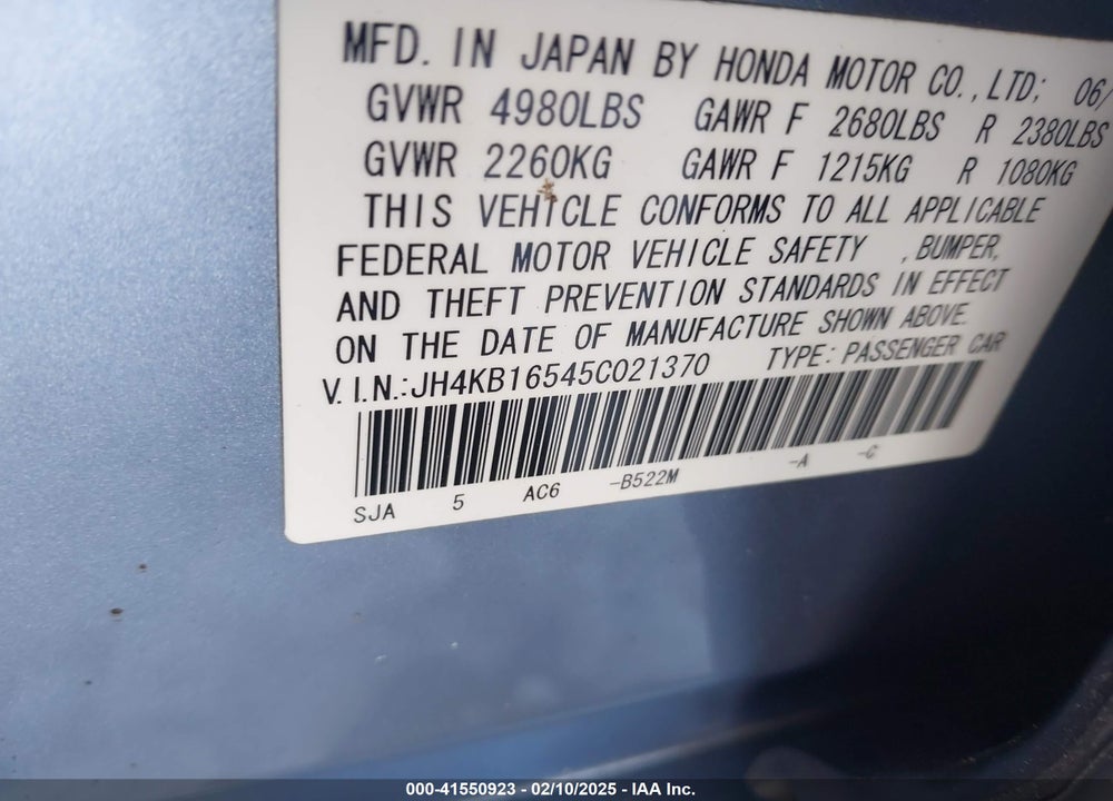 2005 ACURA RL 3.5 VIN: JH4KB16545C021370