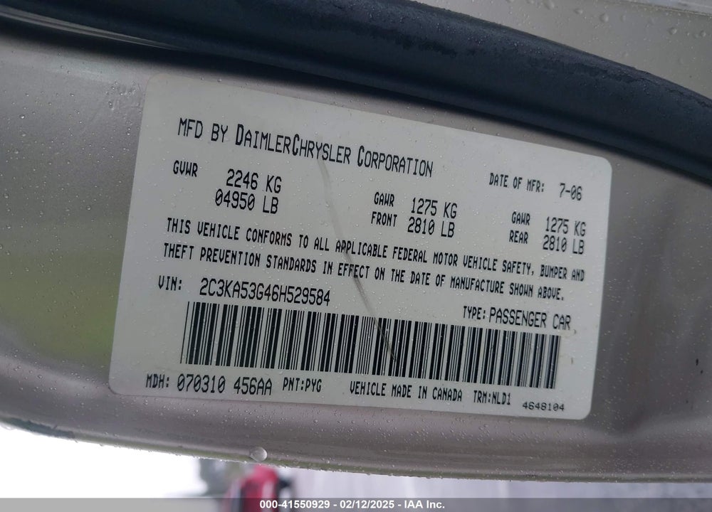 2006 CHRYSLER 300 VIN: 2C3KA53G46H529584