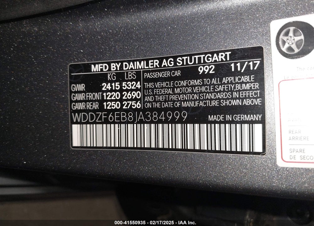 2018 MERCEDES-BENZ E-CLASS VIN: WDDZF6EB8JA384999