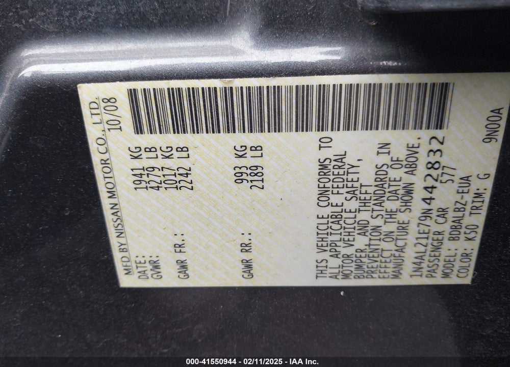 2009 NISSAN ALTIMA 2.5 S VIN: 1N4AL21E79N442832
