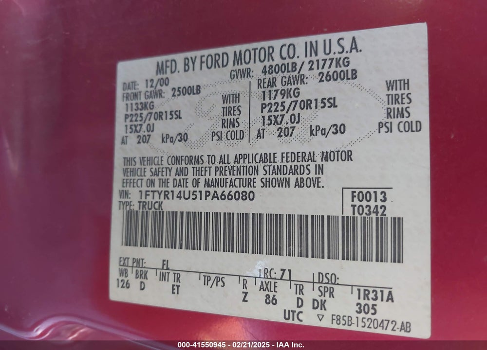 2001 FORD RANGER EDGE/XL/XLT VIN: 1FTYR14U51PA66080
