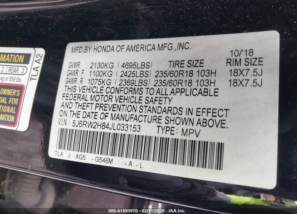 2018 HONDA CR-V EX-L/EX-L NAVI VIN: 5J6RW2H84JL033153