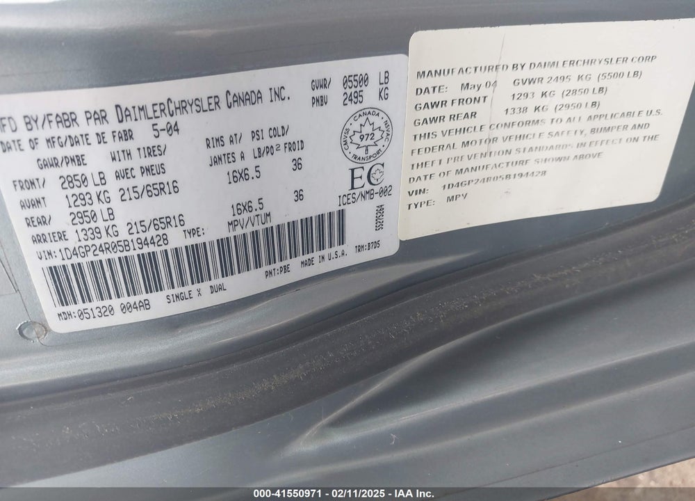 2005 DODGE GRAND CARAVAN VIN: 1D4GP24R05B194428